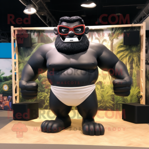 Black Strongman mascot costume character dressed with a Bikini and Eyeglasses