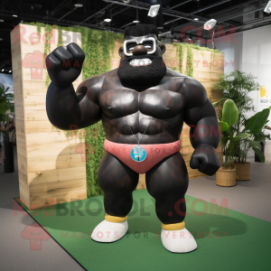 Black Strongman mascot costume character dressed with a Bikini and Eyeglasses