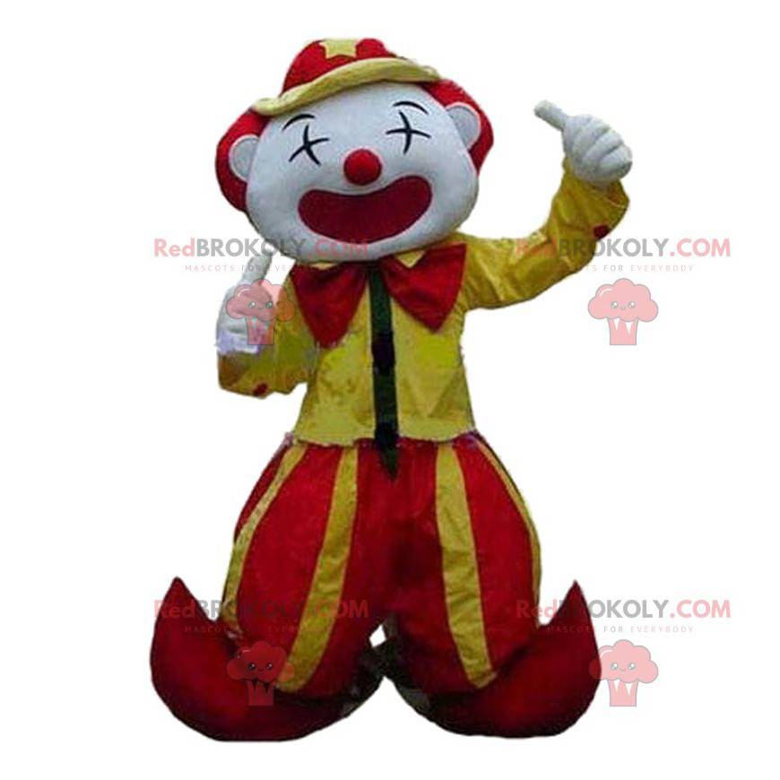 Mascote palhaço amarelo e vermelho, mascote de circo -