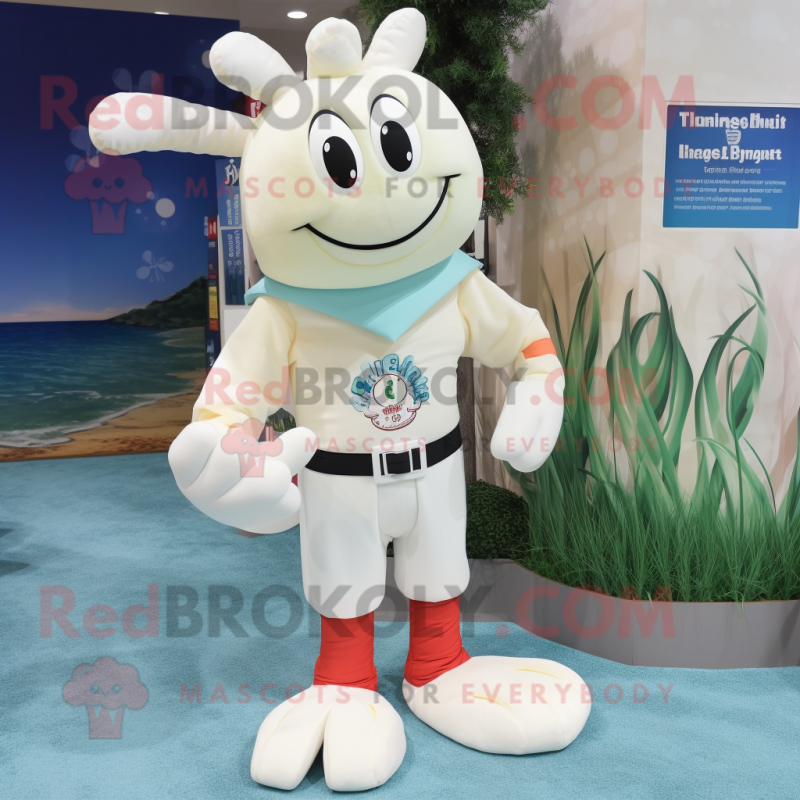 White Shrimp Scampi mascot costume character dressed with a Rash Guard and Suspenders