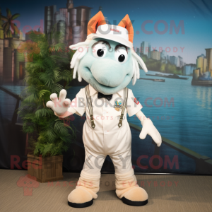 White Shrimp Scampi mascot costume character dressed with a Rash Guard and Suspenders