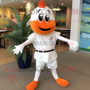 White Shrimp Scampi mascot costume character dressed with a Rash Guard and Suspenders