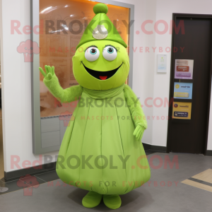 Lime Green Falafel mascot costume character dressed with a A-Line Skirt and Brooches