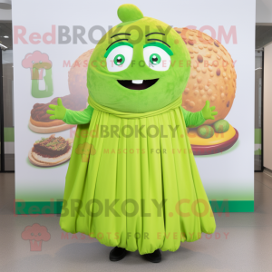 Lime Green Falafel mascot costume character dressed with a A-Line Skirt and Brooches