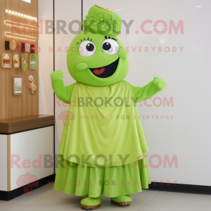 Lime Green Falafel mascot costume character dressed with a A-Line Skirt and Brooches