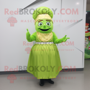 Lime Green Falafel mascot costume character dressed with a A-Line Skirt and Brooches