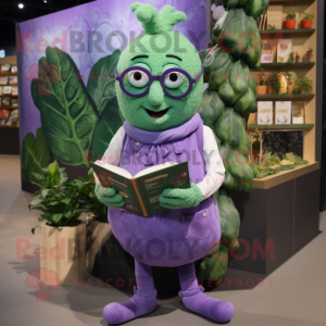 Lavender Zucchini mascot costume character dressed with a Playsuit and Reading glasses