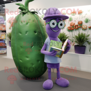 Lavender Zucchini mascot costume character dressed with a Playsuit and Reading glasses