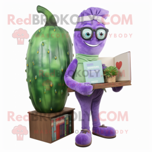 Lavender Zucchini mascot costume character dressed with a Playsuit and Reading glasses