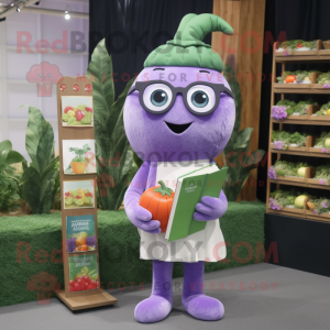 Lavender Zucchini mascot costume character dressed with a Playsuit and Reading glasses