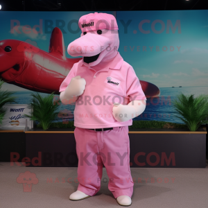 Pink Humpback Whale mascot costume character dressed with a Polo Shirt and Hats