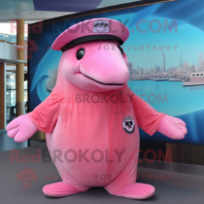 Pink Humpback Whale mascot costume character dressed with a Polo Shirt and Hats