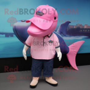 Pink Humpback Whale mascot costume character dressed with a Polo Shirt and Hats