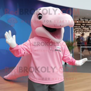 Pink Humpback Whale mascot costume character dressed with a Polo Shirt and Hats