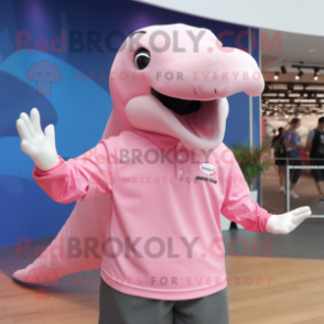 Pink Humpback Whale mascot costume character dressed with a Polo Shirt and Hats