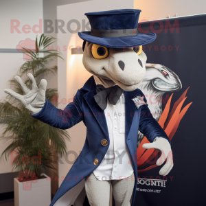 Navy Utahraptor mascot costume character dressed with a Blazer and Hat pins