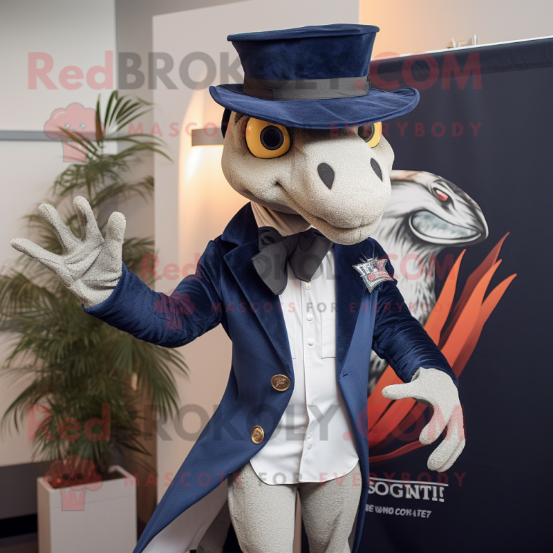 Navy Utahraptor mascot costume character dressed with a Blazer and Hat pins Navy Utahraptor mascot costume character dressed with a Blazer and Hat pins