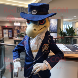 Navy Utahraptor mascot costume character dressed with a Blazer and Hat pins