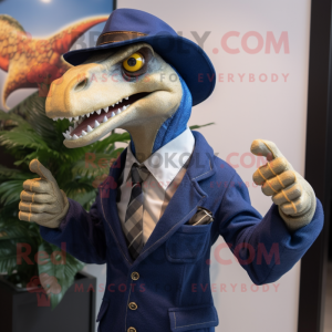 Navy Utahraptor mascot costume character dressed with a Blazer and Hat pins