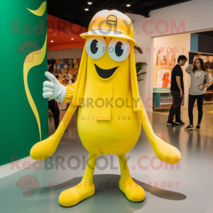 Yellow Squid mascot costume character dressed with a Bermuda Shorts and Berets