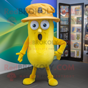 Yellow Squid mascot costume character dressed with a Bermuda Shorts and Berets