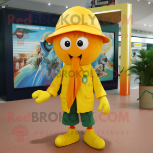 Yellow Squid mascot costume character dressed with a Bermuda Shorts and Berets