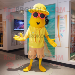 Yellow Squid mascot costume character dressed with a Bermuda Shorts and Berets