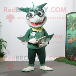 Forest Green Shark mascot costume character dressed with a Leggings and Reading glasses