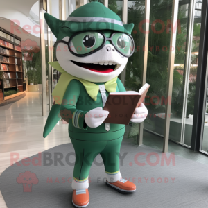 Forest Green Shark mascot costume character dressed with a Leggings and Reading glasses