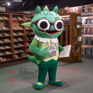 Forest Green Shark mascot costume character dressed with a Leggings and Reading glasses