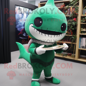 Forest Green Shark mascot costume character dressed with a Leggings and Reading glasses