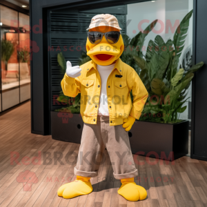 Yellow Goose mascot costume character dressed with a Corduroy Pants and Sunglasses