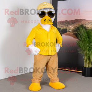 Yellow Goose mascot costume character dressed with a Corduroy Pants and Sunglasses