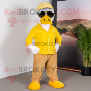 Yellow Goose mascot costume character dressed with a Corduroy Pants and Sunglasses