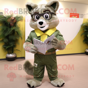 Olive Wolf mascot costume character dressed with a Jumpsuit and Reading glasses