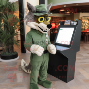 Olive Wolf mascot costume character dressed with a Jumpsuit and Reading glasses