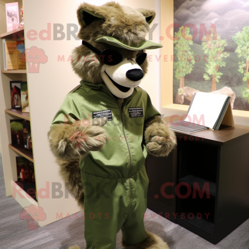 Olive Wolf mascot costume character dressed with a Jumpsuit and Reading glasses