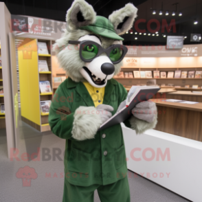 Olive Wolf mascot costume character dressed with a Jumpsuit and Reading glasses