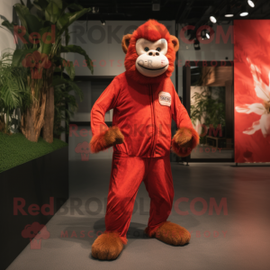 Red Monkey mascot costume character dressed with a Jumpsuit and Shoe clips