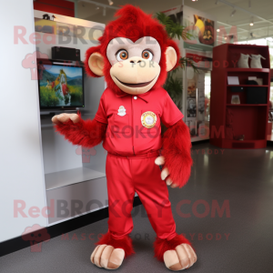 Red Monkey mascot costume character dressed with a Jumpsuit and Shoe clips