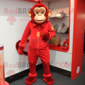 Red Monkey mascot costume character dressed with a Jumpsuit and Shoe clips