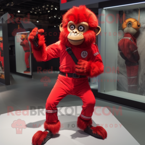 Red Monkey mascot costume character dressed with a Jumpsuit and Shoe clips