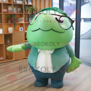 Green Humpback Whale mascot costume character dressed with a Skirt and Eyeglasses