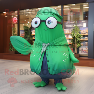 Green Humpback Whale mascot costume character dressed with a Skirt and Eyeglasses