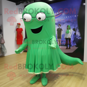 Green Humpback Whale mascot costume character dressed with a Skirt and Eyeglasses