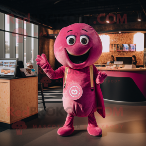Magenta Bagels mascot costume character dressed with a Playsuit and Wallets