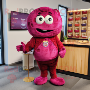 Magenta Bagels mascot costume character dressed with a Playsuit and Wallets