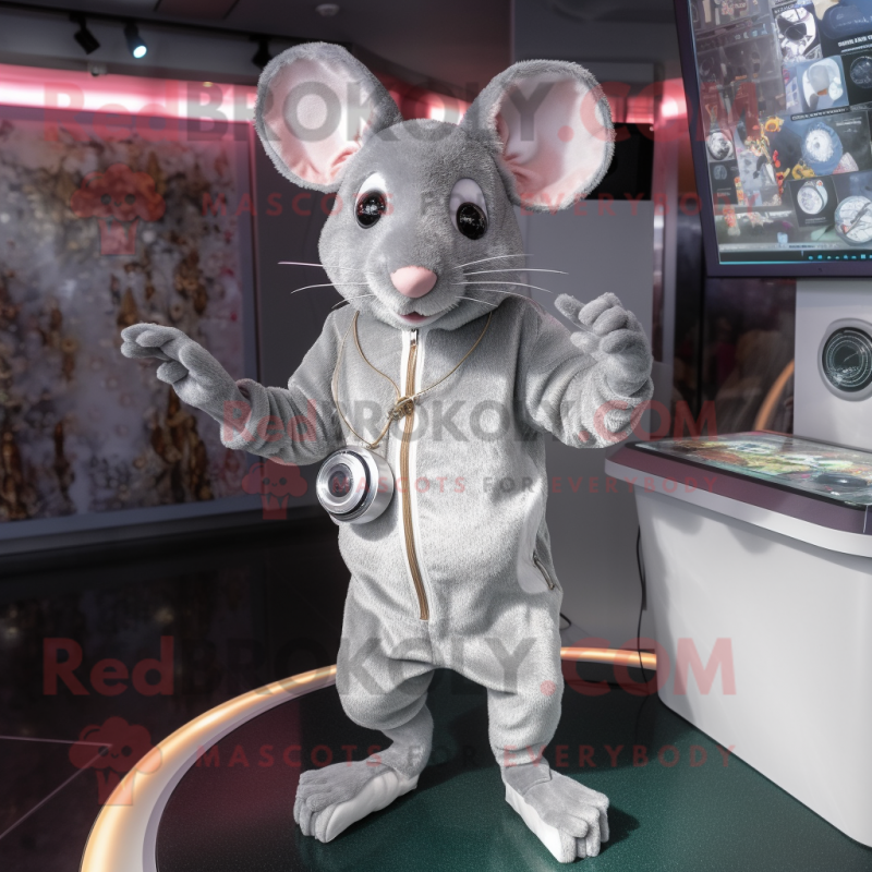 Silver Mouse mascot costume character dressed with a Playsuit and Bracelets Silver Mouse mascot costume character dressed with a Playsuit and Bracelets