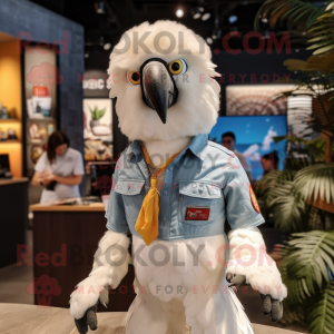 White Macaw mascot costume character dressed with a Henley Shirt and Hairpins