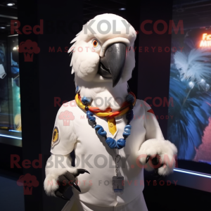 White Macaw mascot costume character dressed with a Henley Shirt and Hairpins